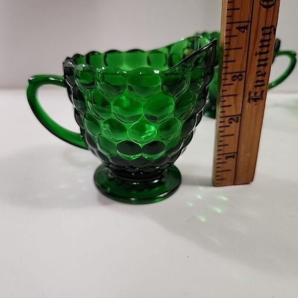 Set Of 4 Vtg Anchor Hocking Forest Green Bubble Glass (2) Cups + Cream & Sugar - Picture 4 of 16